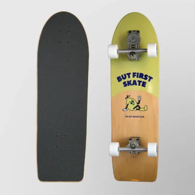 Dry Waves Lemon Surfskate shown from both sides: black griptape and the yellow lemon graphic deck
