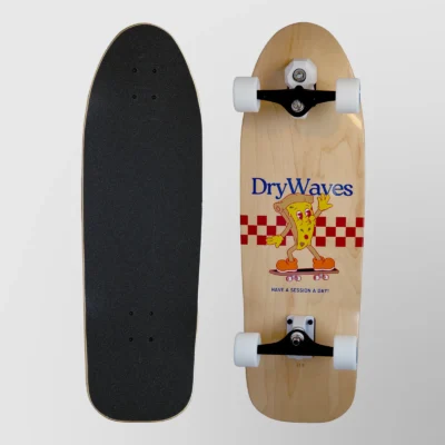 Dry Waves Pizza Concave Surfskate shown from both sides: black griptape and the pizza graphic deck