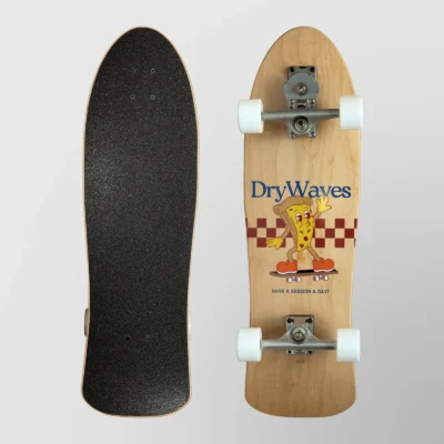 Dry Waves Pizza Surfskate shown from both sides: black griptape and the pizza graphic deck